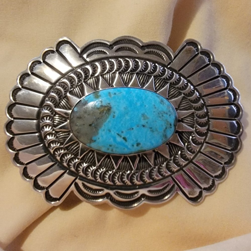 Sterling Silver Navajo Turquoise Belt Buckle - Sign "D. Delgarito"